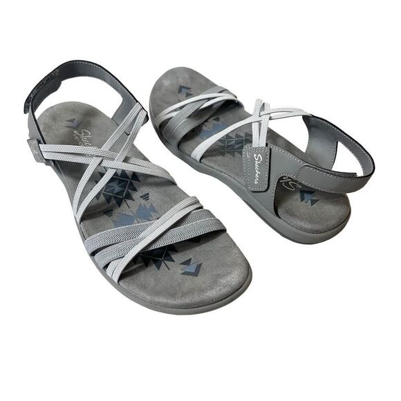 Skechers Memory Foam Womens 10 Gray Strappy Sandals Slip On Sling Back Flat Open - Picture 1 of 11